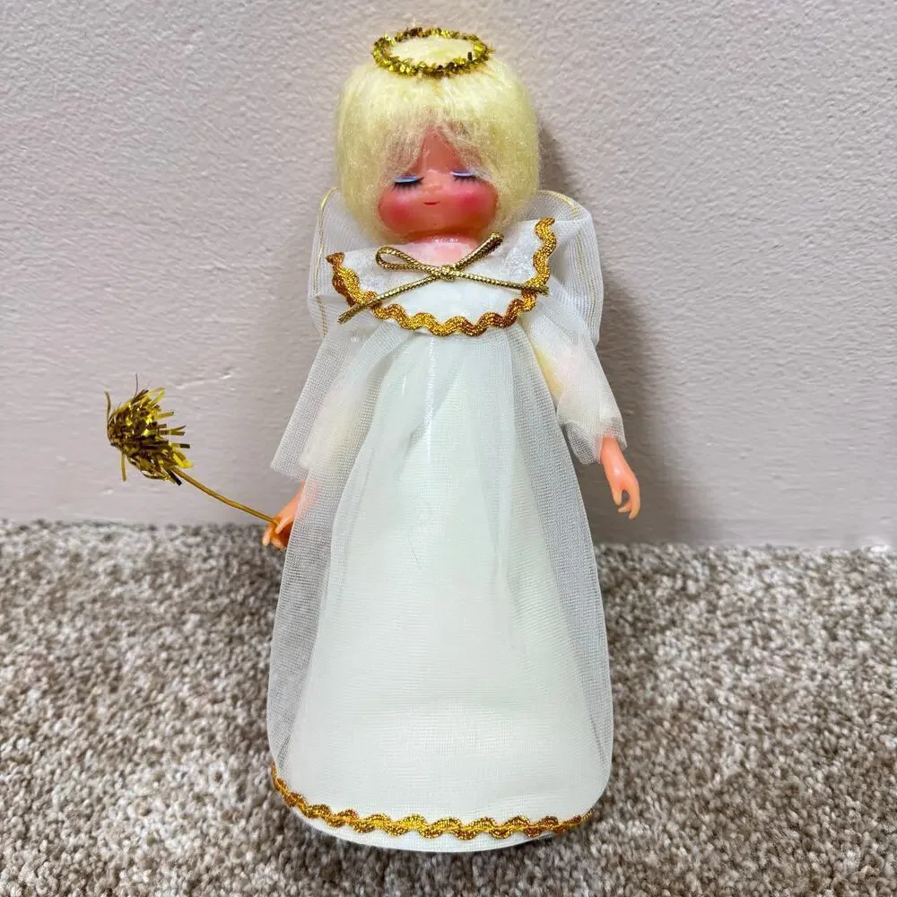 VTG Christmas Angel Tree Topper 1960s Decor Blue Eyeshadow White Gold Trim